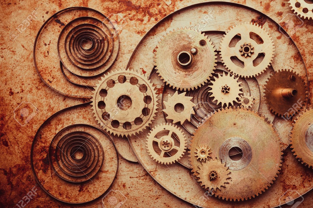 Steampunk background from mechanical clocks details over old metal background. Inside the clock, gears - 49835726 Steampunk background from mechanical clocks details over old metal background. Inside the clock, gears - 49835726