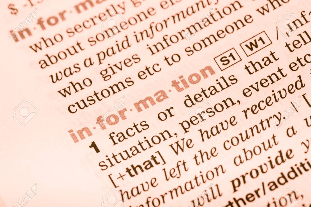 Close-up Of English Dictionary Page With The Interpretation Of The Word  Information Stock Photo, Picture and Royalty Free Image. Image 56627654., image size:1300x866