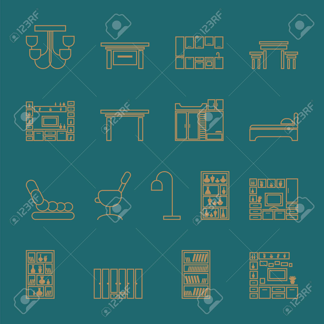 Furniture icons set. outline vector illustration on a turquoise background - 123416055 Furniture icons set. outline vector illustration on a turquoise background - 123416055