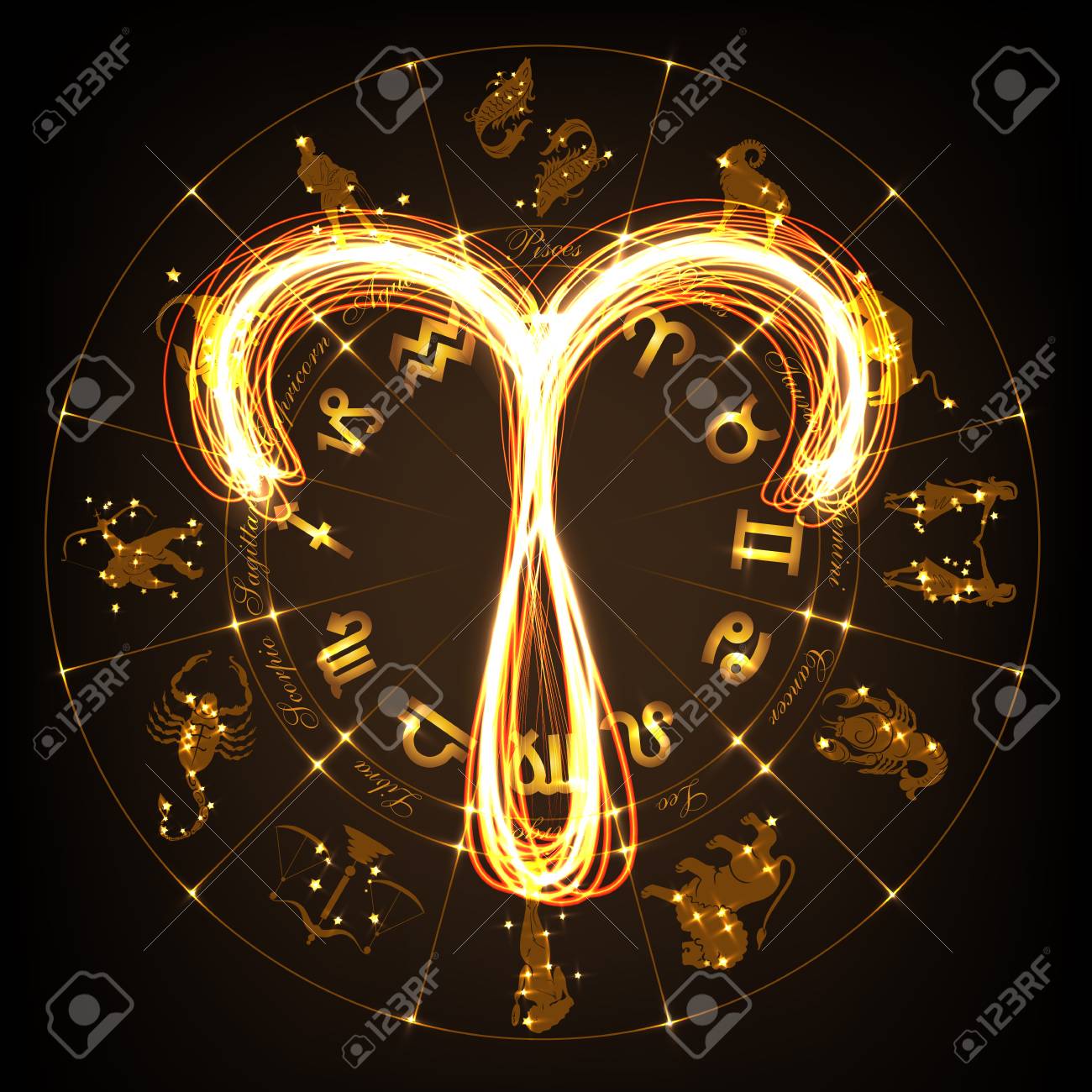 zodiac sign aries in fire show style on horoscope circle background