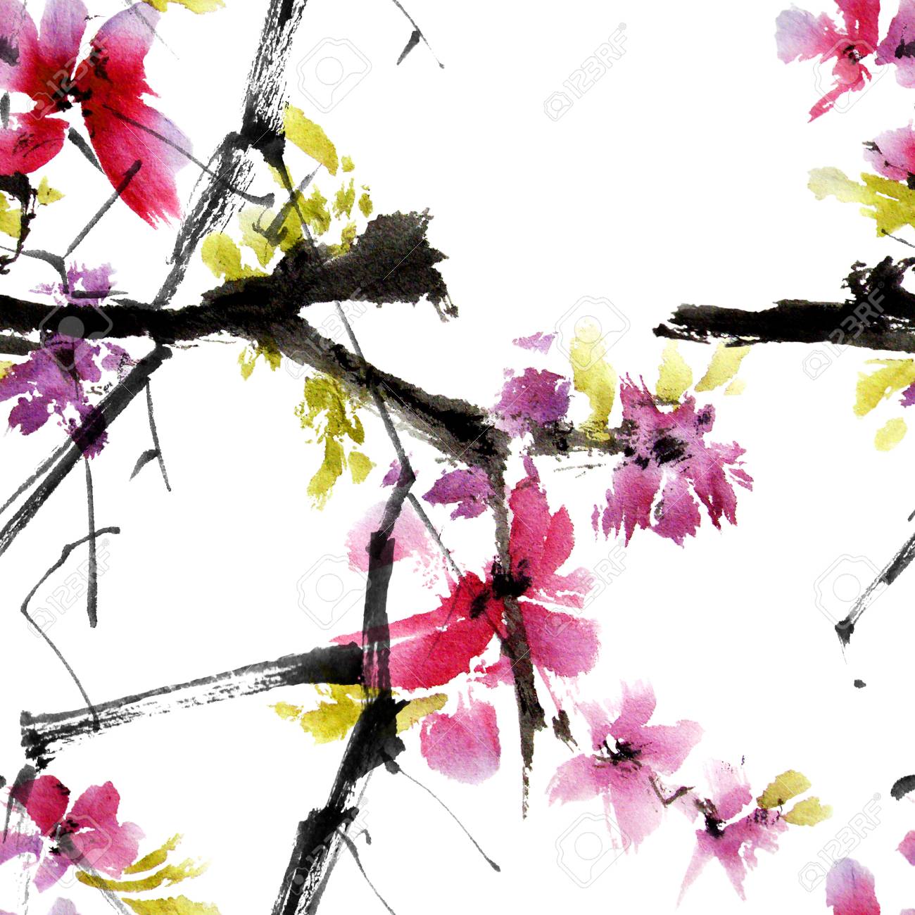 桜の木 スタイル墨絵 水彩 インク イラスト U 罪 東洋の伝統的な絵画 シームレス パターン の写真素材 画像素材 Image