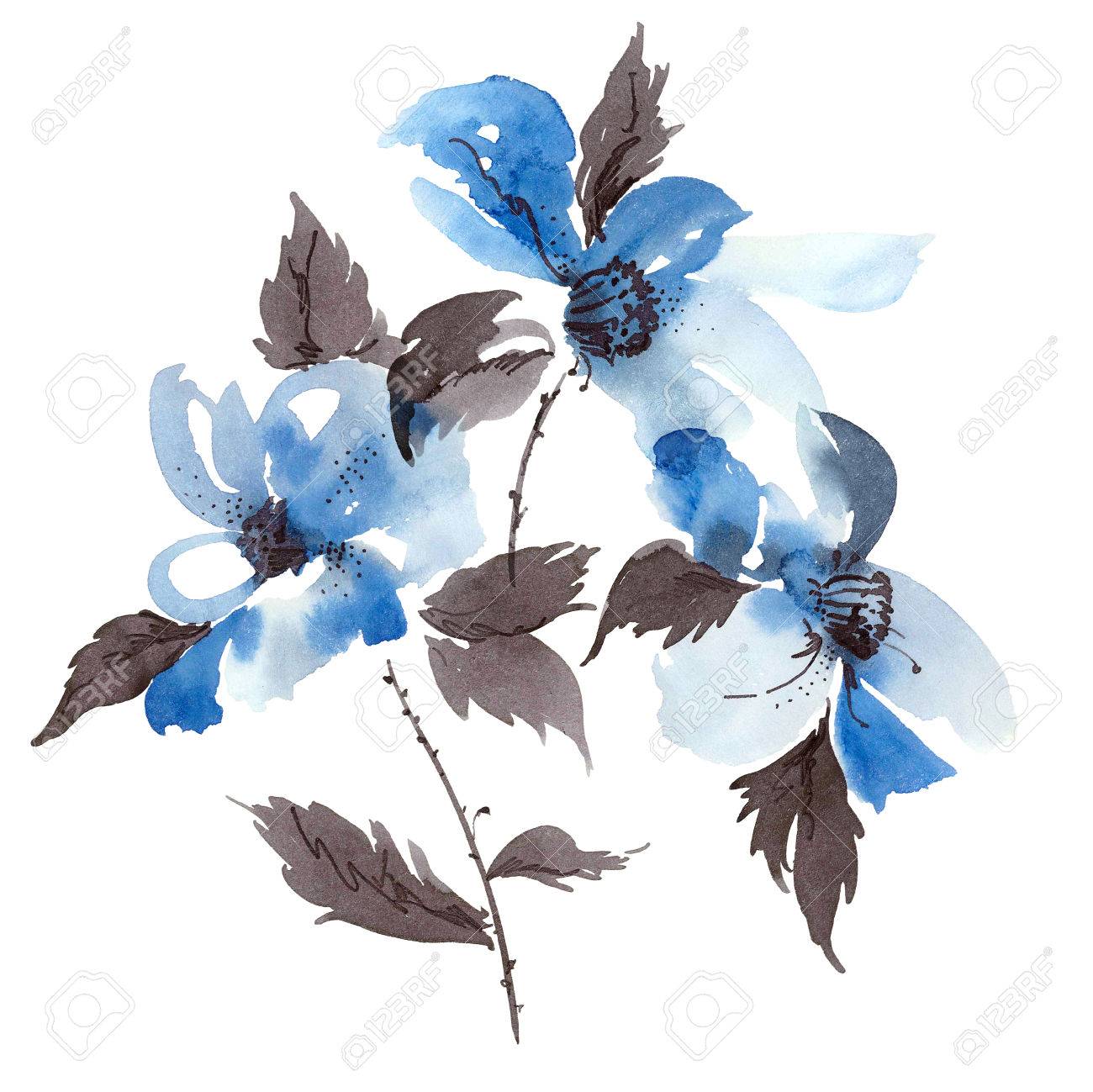 青の水彩 インクのイラスト花ブーケ スタイル スミ E U 罪 東洋の伝統的な絵画 の写真素材 画像素材 Image