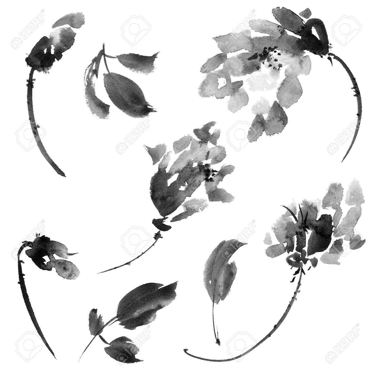 花や葉を持つ植物 インク絵画スタイル Gohua 墨絵 U 罪 東洋の伝統的な絵画 の写真素材 画像素材 Image