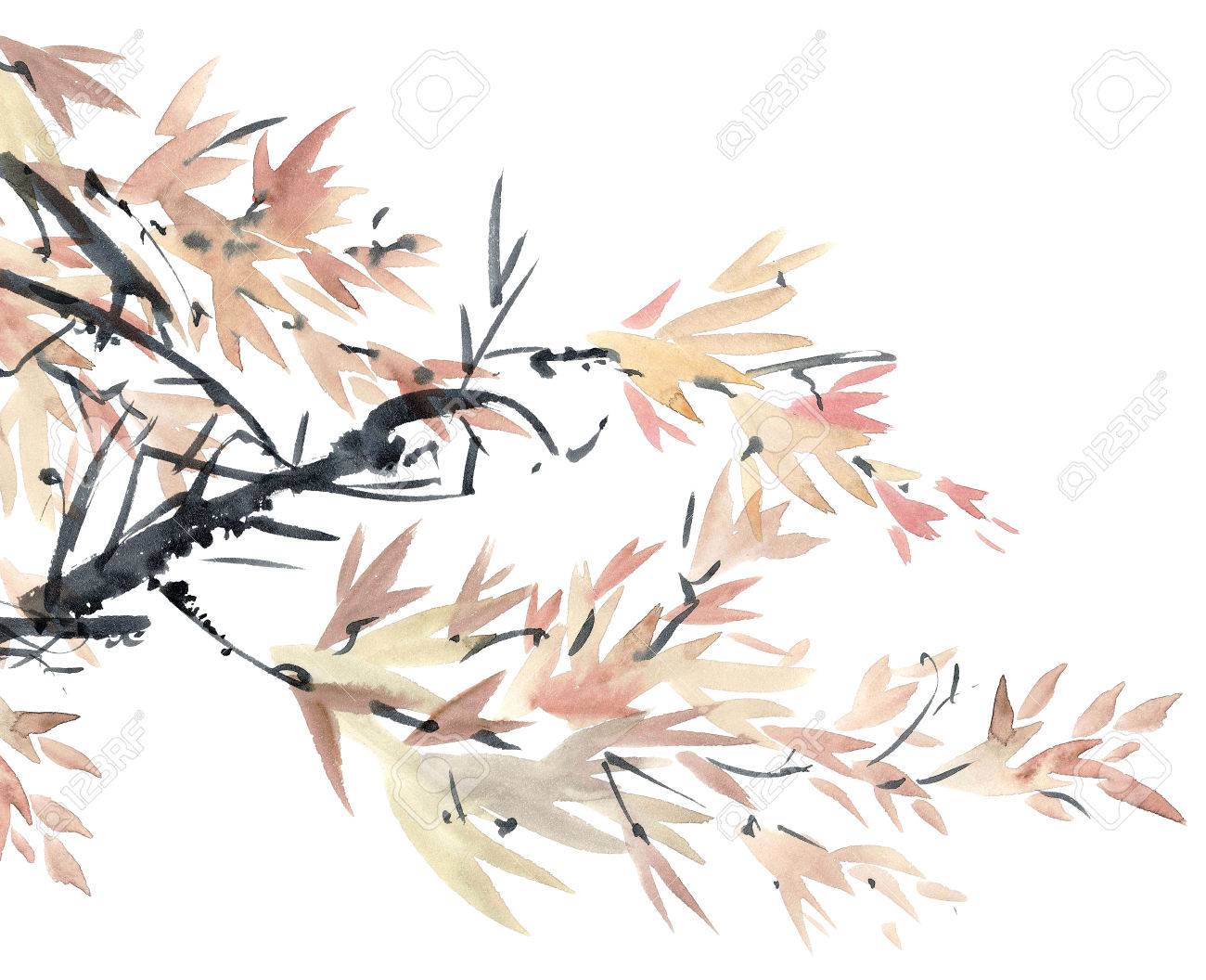 watercolor and ink tree leaves painted in style sumi e u sin