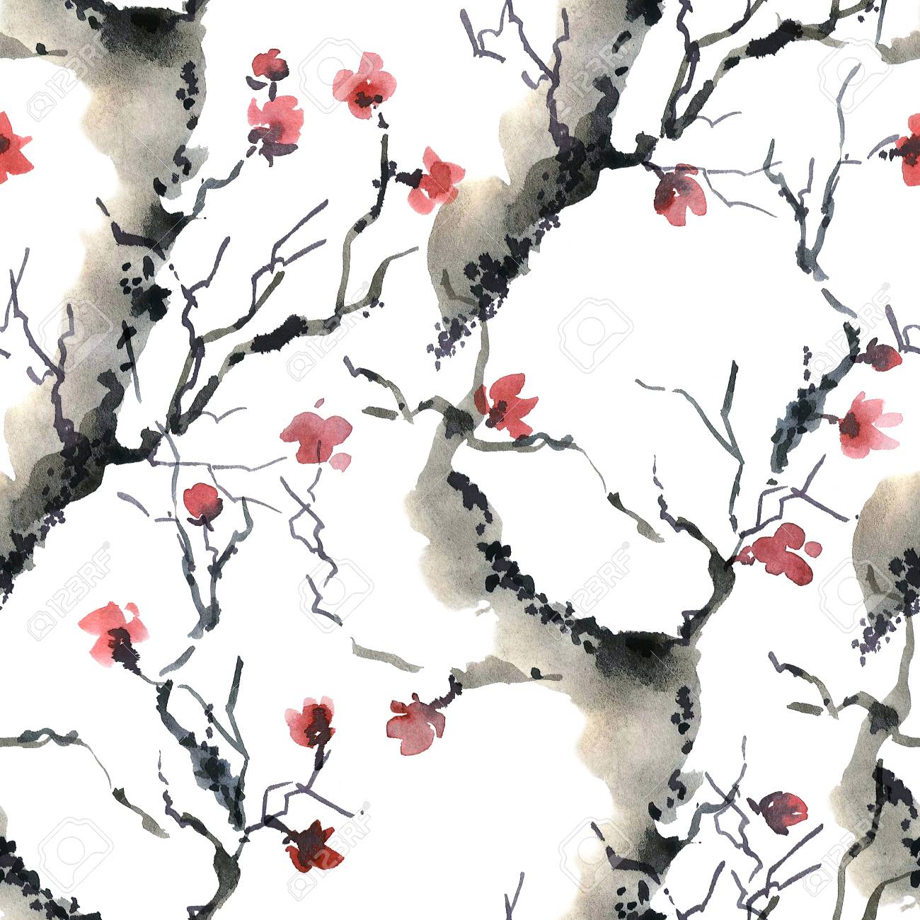 Illustration Daquarelle Et Dencre Darbre à Fleurs Peinture De Sumi E U Sin Motif Sans Couture