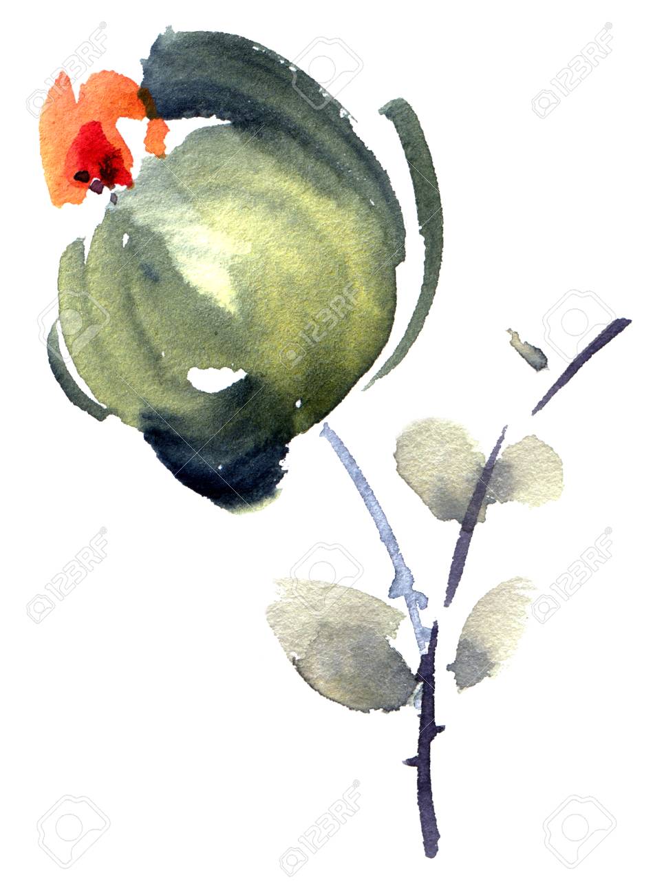 葉っぱの花の水彩画とインクのイラスト すみえ ウシン絵画 はがき 招待状 グリーティングカードのための装飾的な背景 の写真素材 画像素材 Image