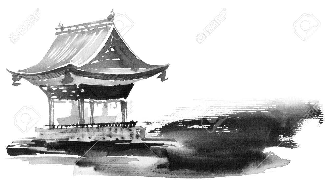 白い背景の上の伝統的な日本の建物。水墨画と水彩による墨絵風の