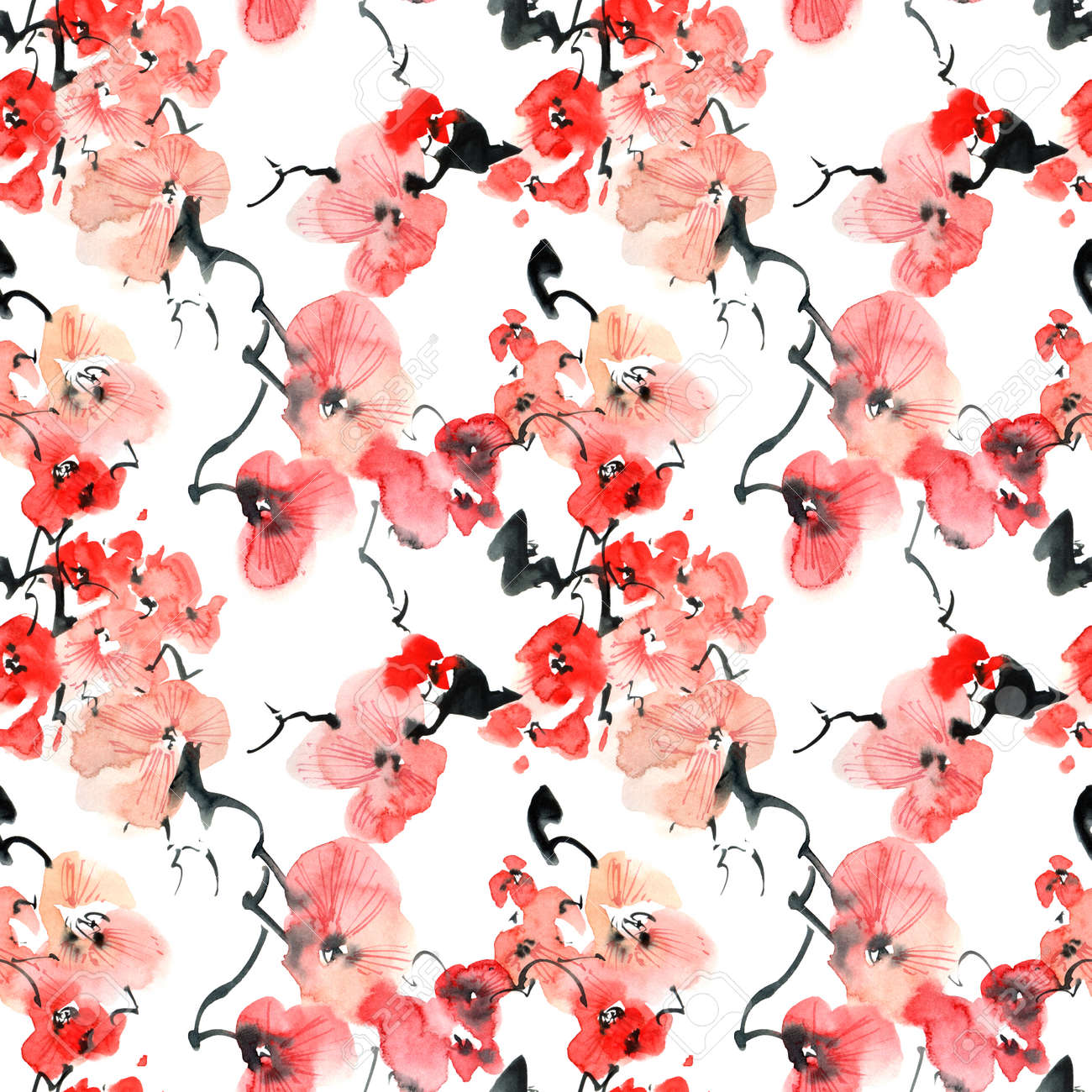 ピンクの花とつぼみと花の桜の木の水彩画とインクのイラスト