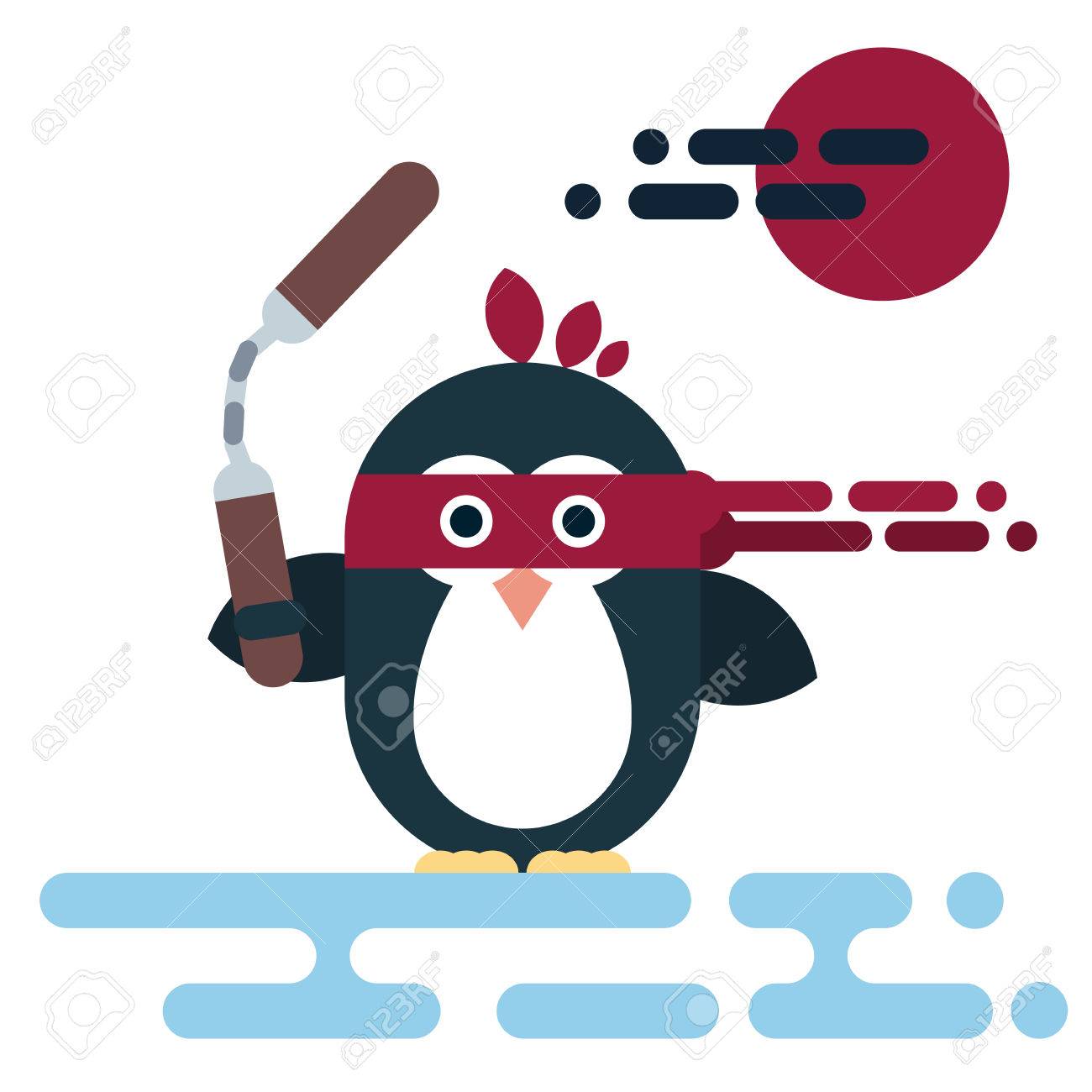 ヌンチャクの忍者として様式化されたペンギン文字をベクトルします モダンなフラットのイラスト のイラスト素材 ベクタ Image