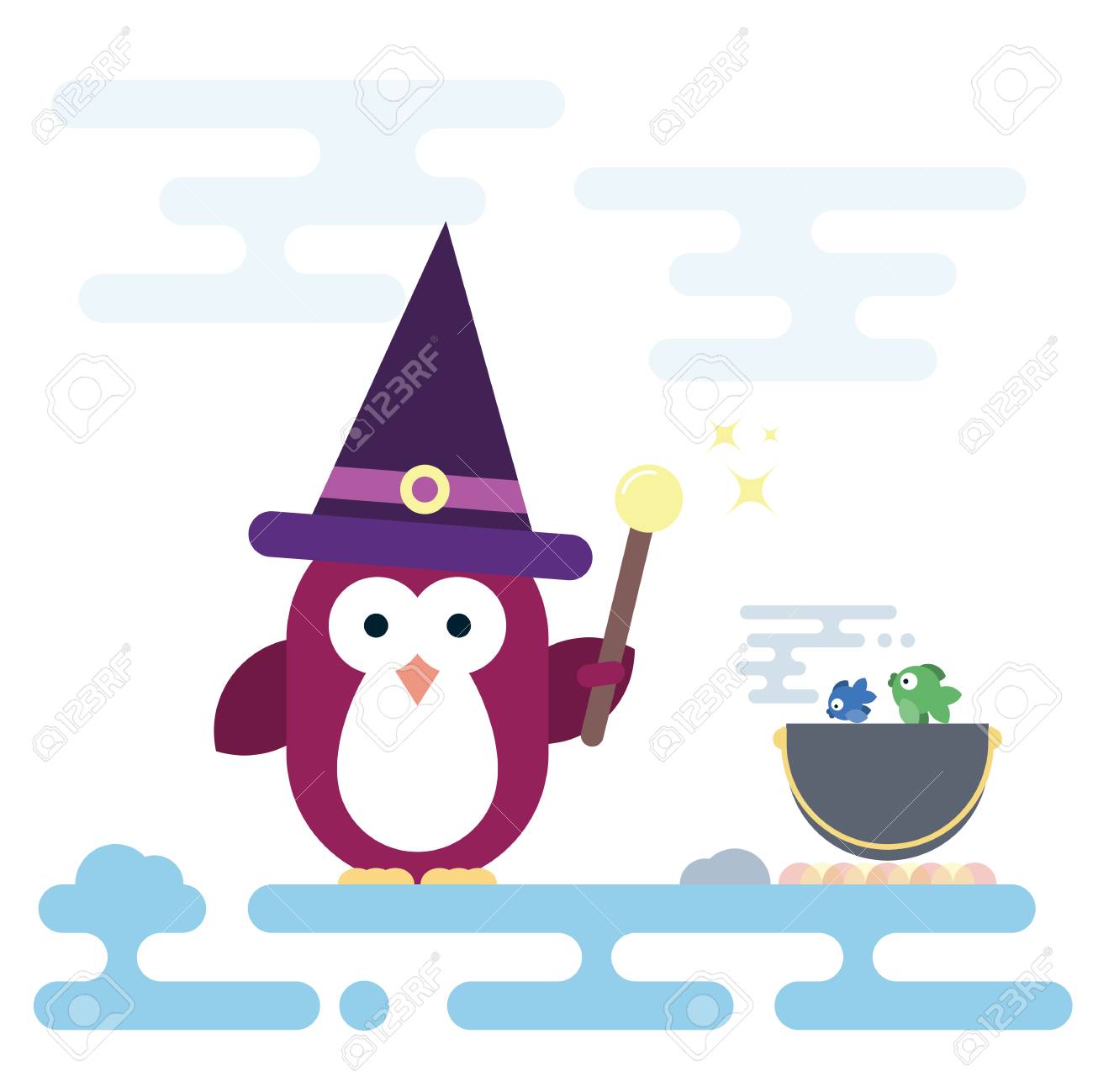 魔法の杖とポットの魔法使いとして様式化されたフラット ペンギン文字をベクトルします モダンなフラットのイラスト のイラスト素材 ベクタ Image 魔法の杖とポットの魔法使いとして様式化されたフラット ペンギン文字をベクトルします モダンなフラットのイラスト のイラスト素材 ベクタ Image