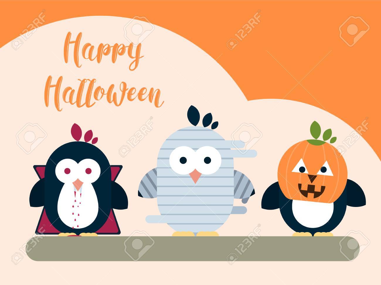 vector halloween card template with stylized penguin characters