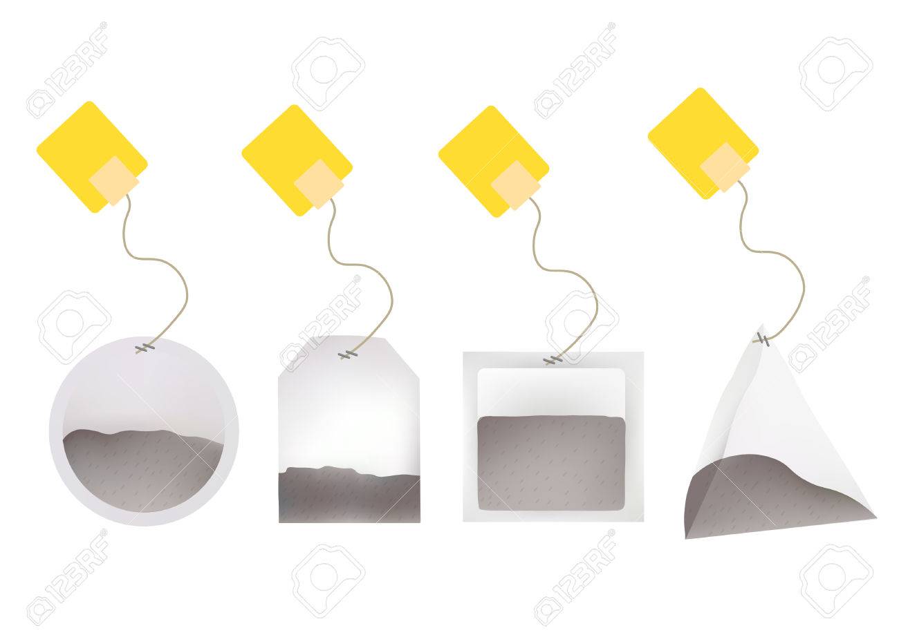 Tea Bags Illustration with Labels In Round, Rectangle, Square, Pyramid Shapes. Vector Template Illustration For Your Design. Isolated On White Background. - 54341535 Tea Bags Illustration with Labels In Round, Rectangle, Square, Pyramid Shapes. Vector Template Illustration For Your Design. Isolated On White Background. - 54341535