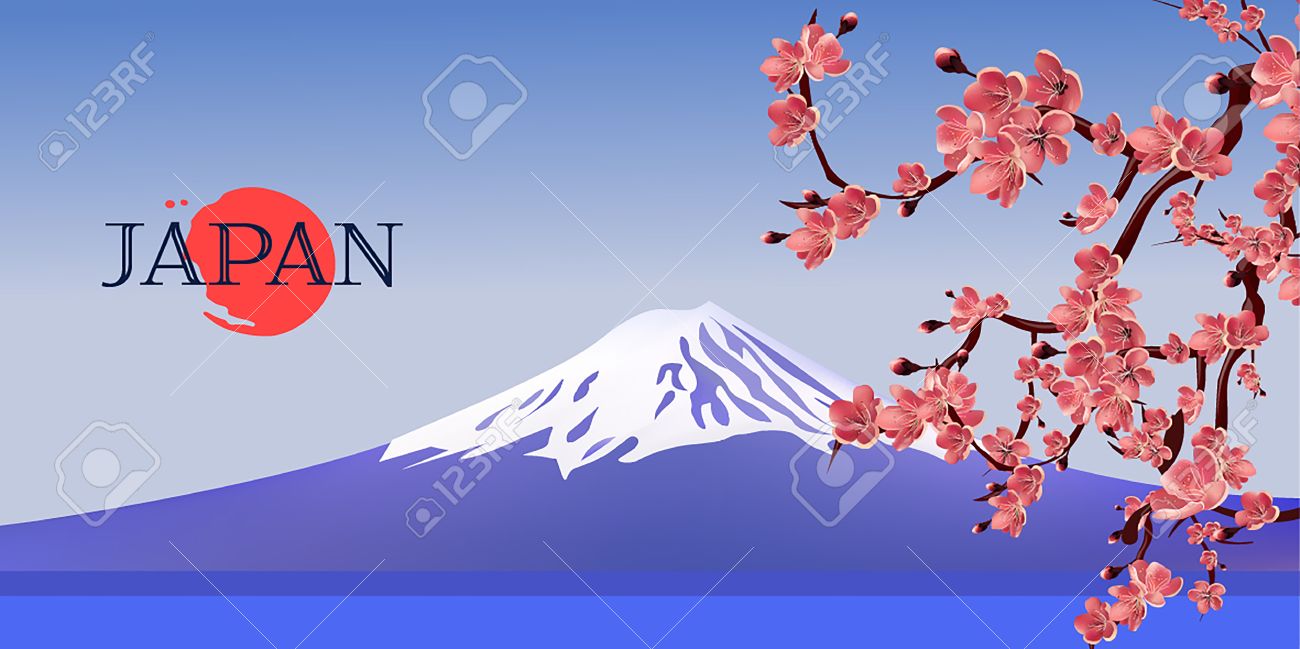 富士山と桜の木桜と赤い太陽日本ベクトル風景。のイラスト素材 富士山と桜の木桜と赤い太陽日本ベクトル風景。のイラスト素材