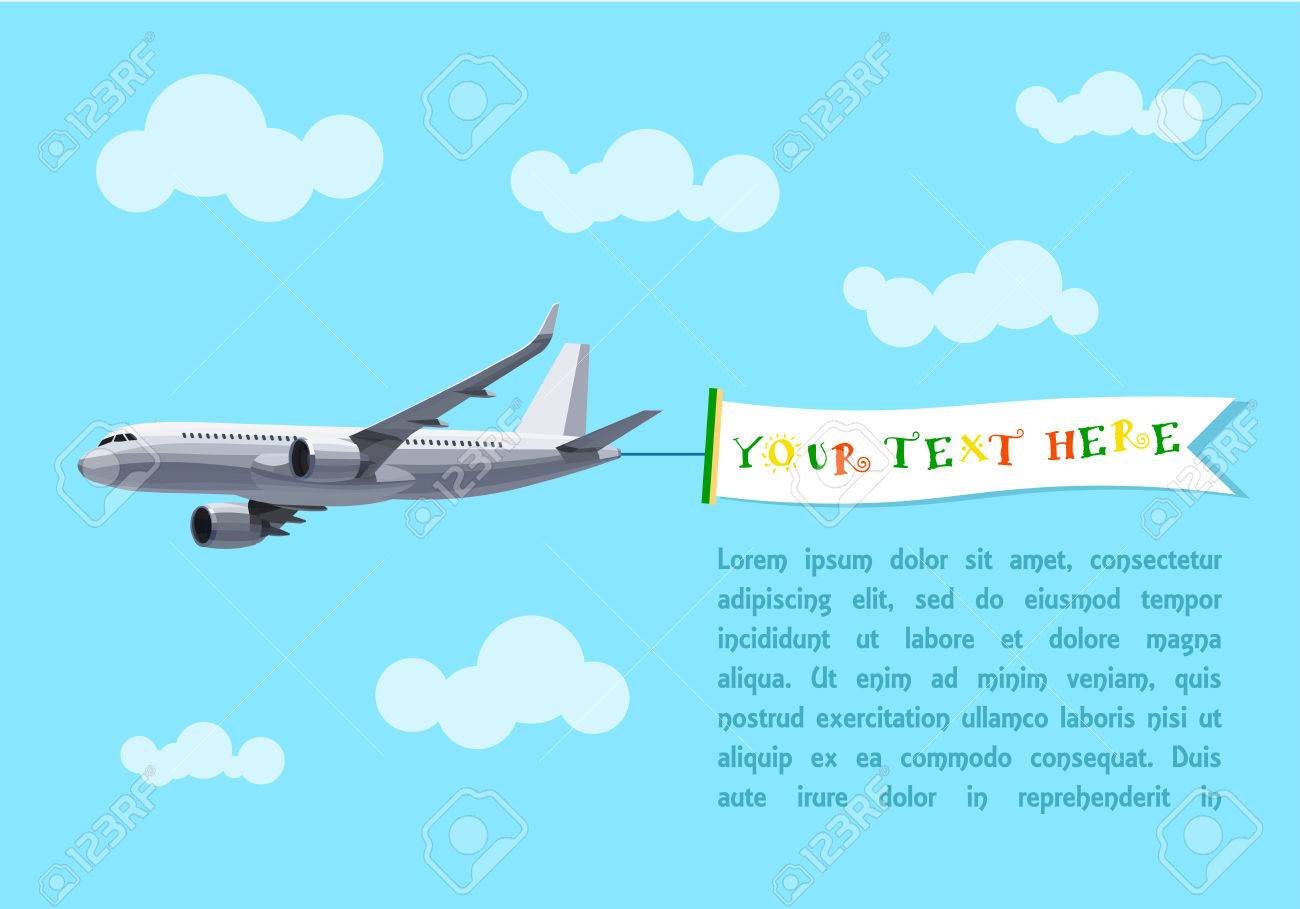 Voler Avion Avec La Banniere Pour Votre Texte Publicite En Tete Flat Vector Design Concept Template Pour Un Texte Bannieres Web Ou Imprimable Cartes Cartes Clip Art Libres De Droits Vecteurs Et