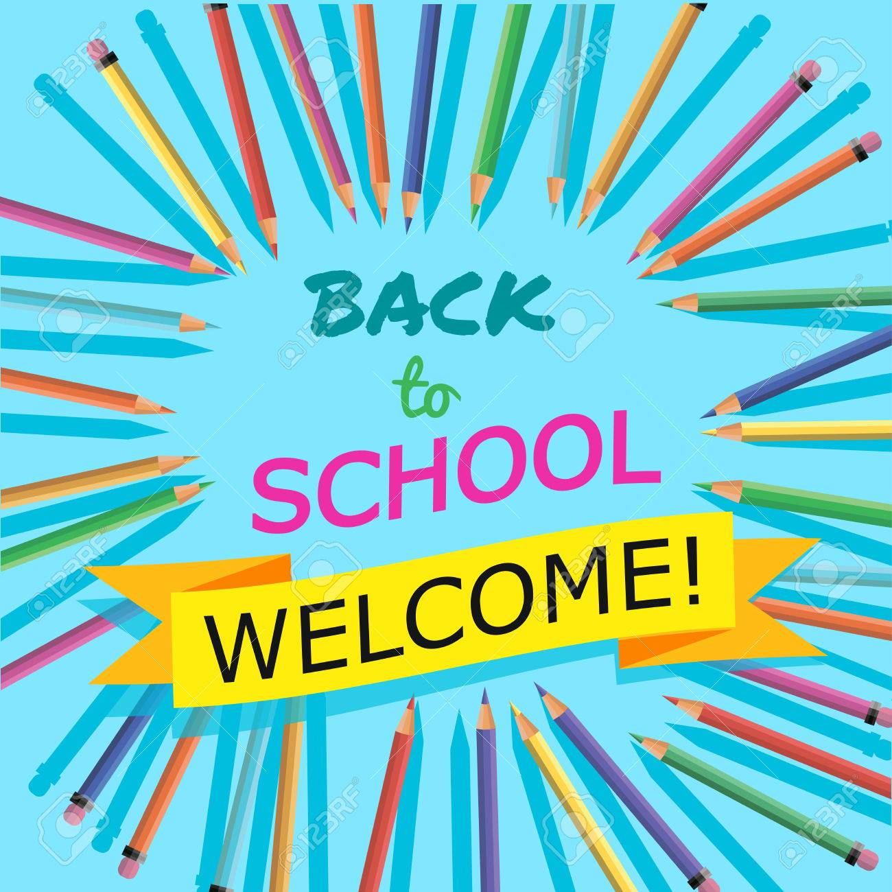 back to school background with colorful pencils with header welcome poster for school