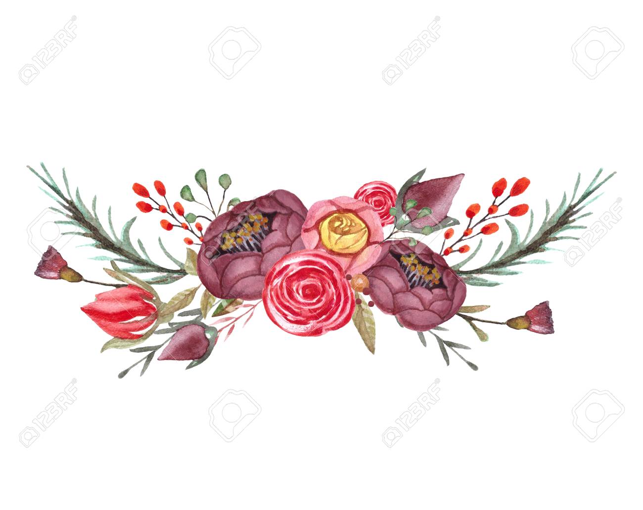 Watercolor Floral Bouquet Composition With Flowers Isolated