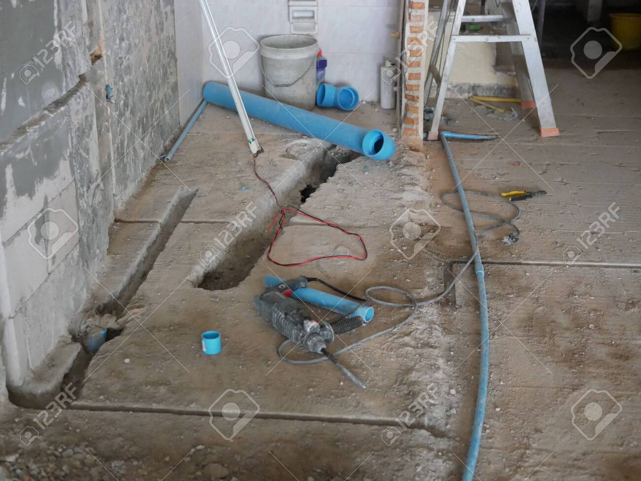 Construction Site Where The Concrete Floor In The House Being