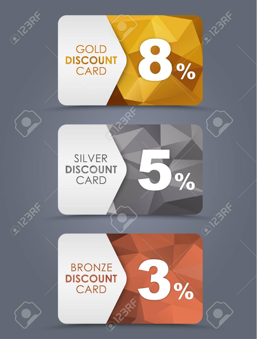 a set of discount cards with gold silver and bronze geometric