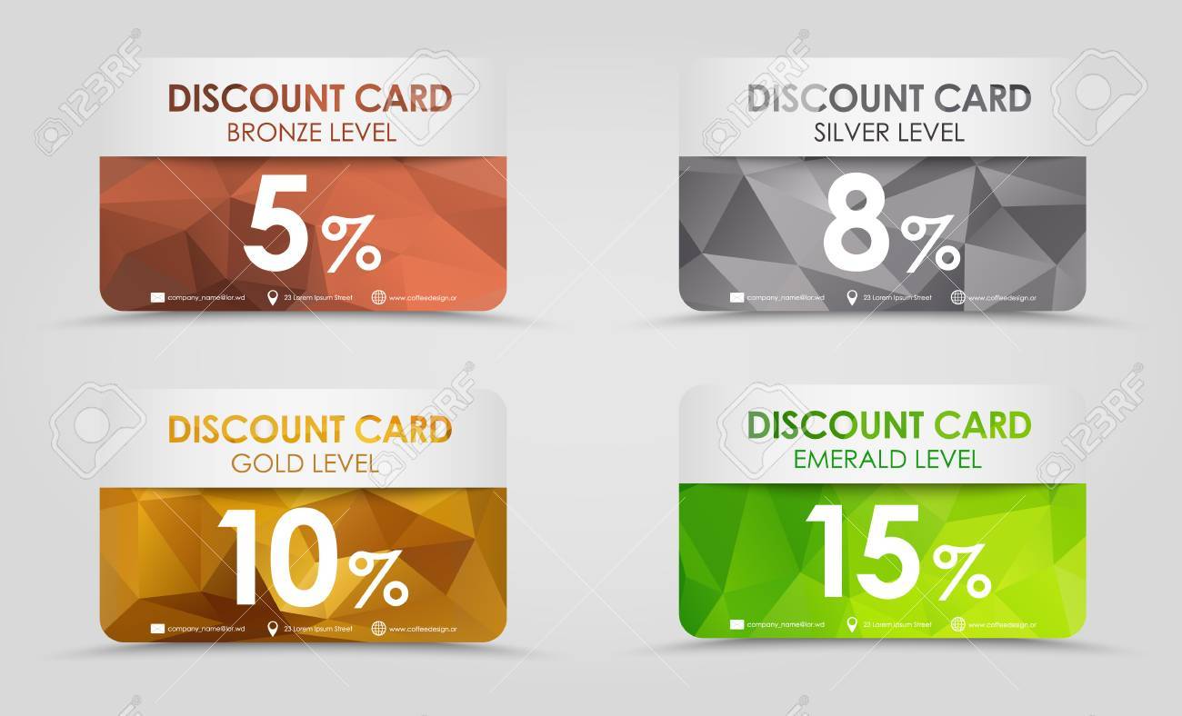 a set of discount cards with gold silver emerald and bronze
