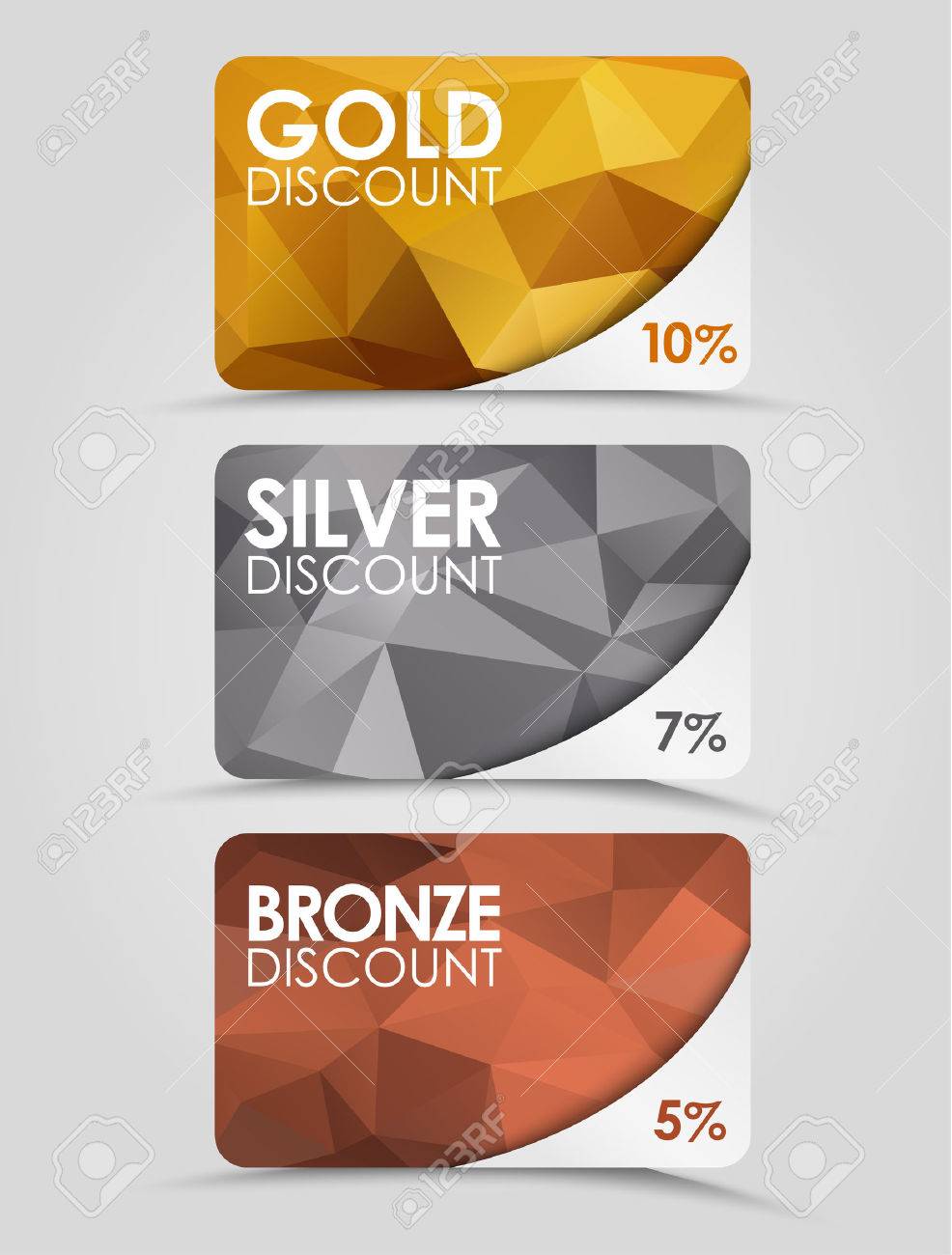 a set of discount cards with gold silver and bronze geometric