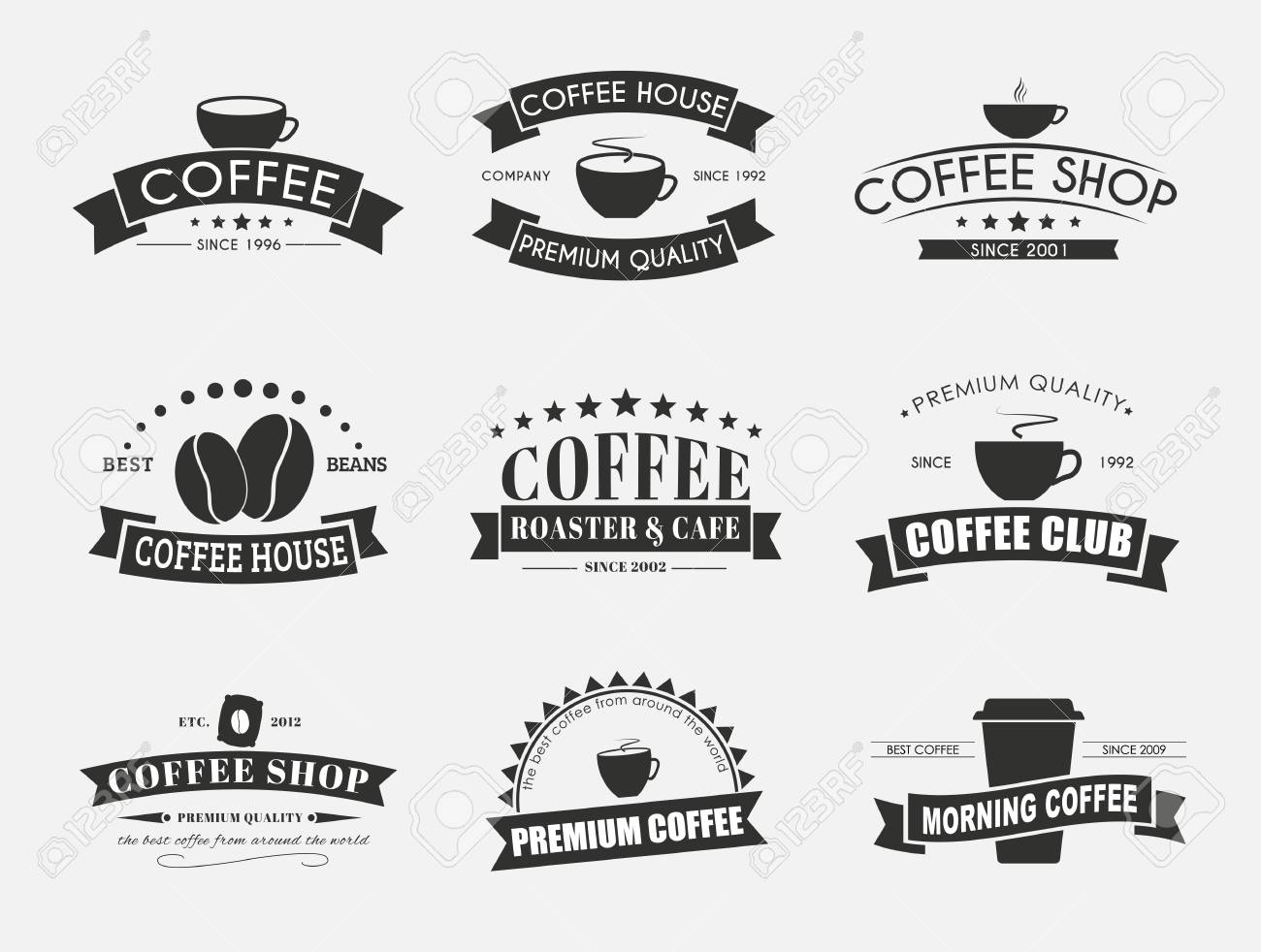 コーヒーのロゴ エンブレム リボンと 古いスタイルをデザインします ベクトルの図 背景を白に設定します のイラスト素材 ベクタ Image
