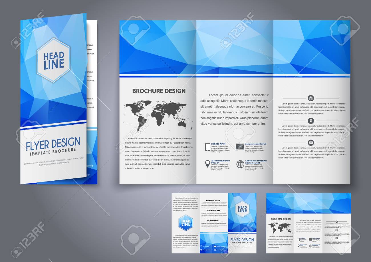 design tri fold flyers brochures blue polygonal elements the