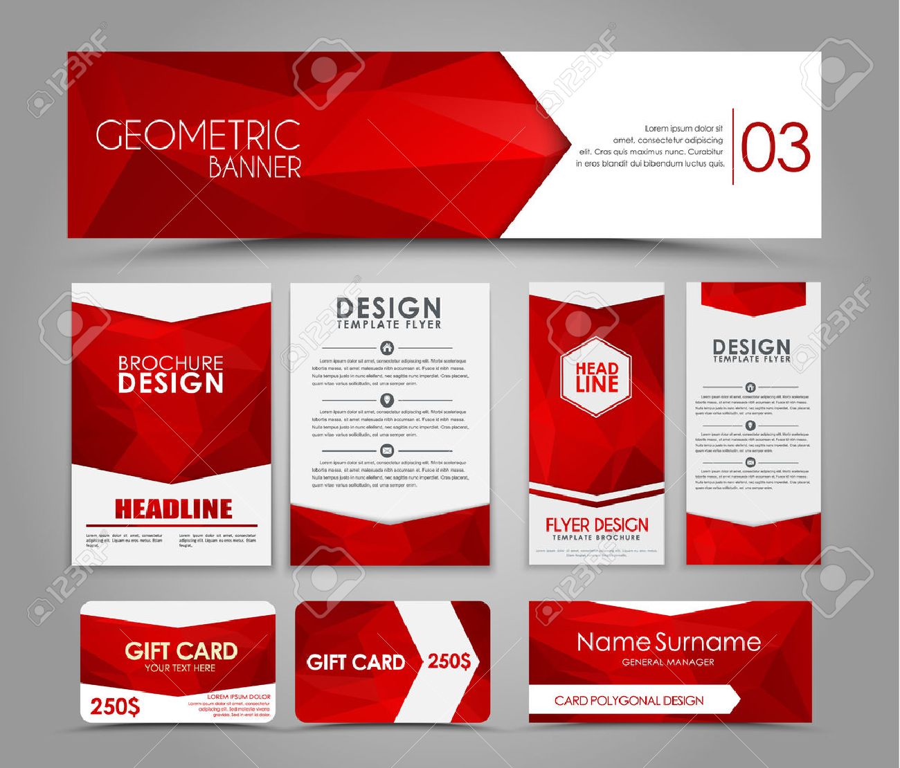 design of brochures and cards with red polygonal elements corporate the manager of a gift store is printing brochures and flyers