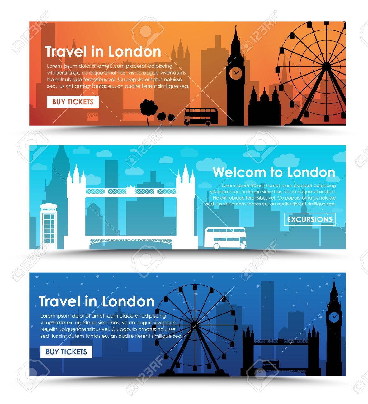 ロンドンとそのアトラクションのシルエットと水平 Web バナーのセットです 日 朝の時間帯 パターンと夜日没 ベクトルのイラスト素材 ベクタ Image