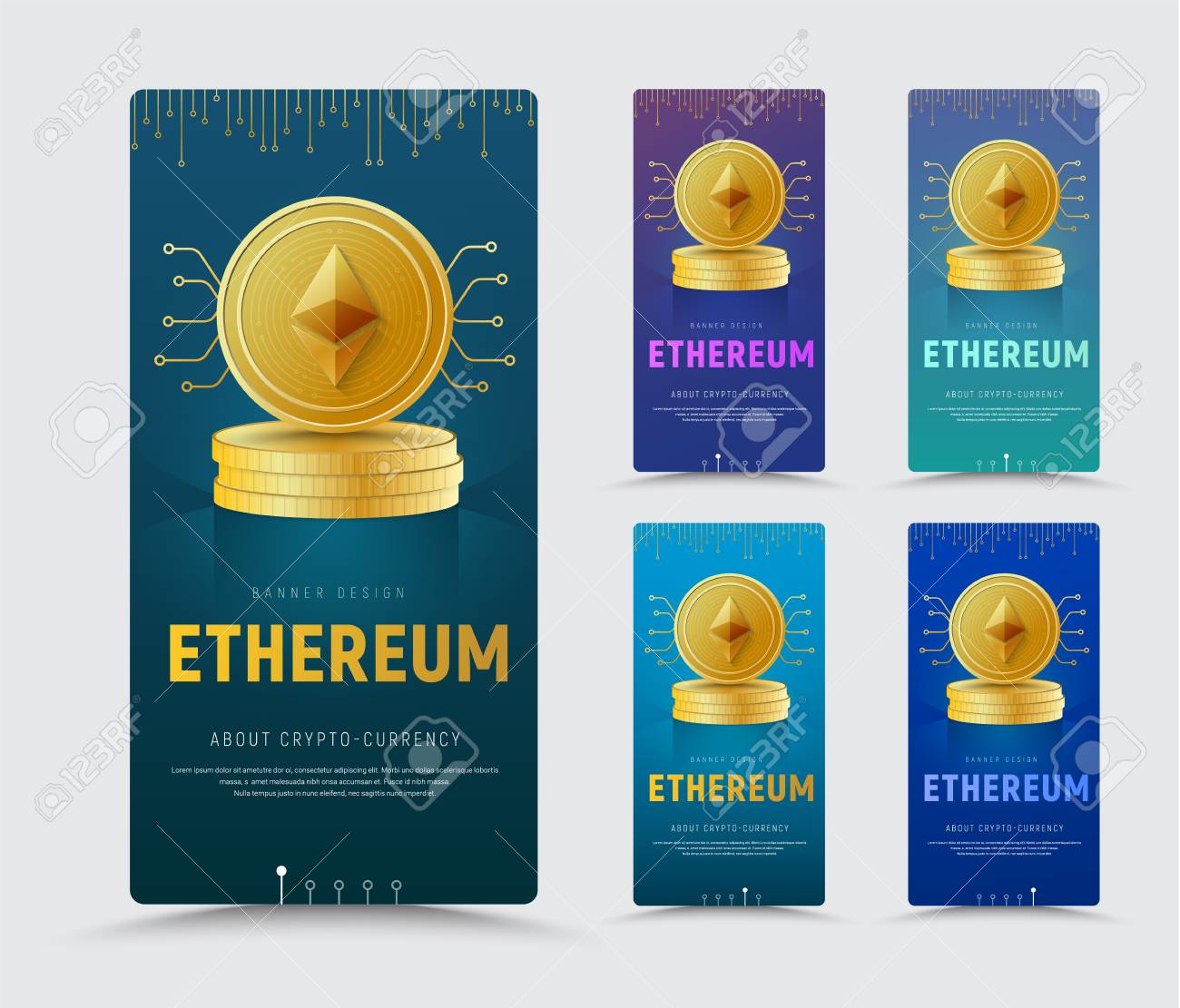 Template Of A Vertical Web Banner With A Gold Coin Of Crypto Currency Is  Ethereum On A Pile. Design Of Different Colors With A Gradient For Business  And Advertising. Set Royalty Free