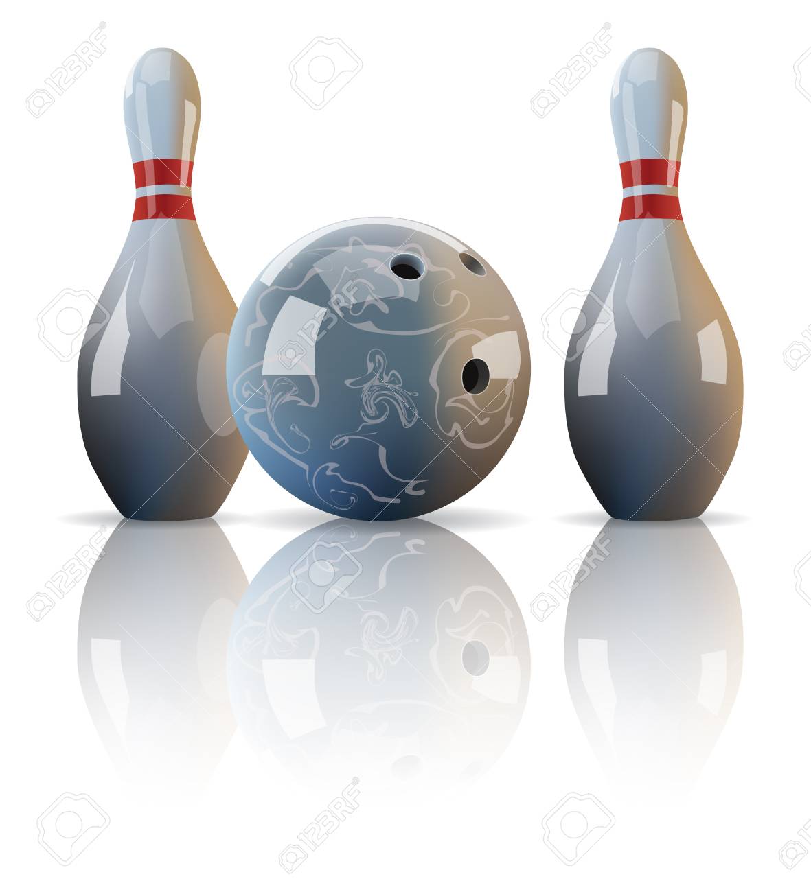 現実的なボーリング ボール 鏡の反射と 2 本のピン のイラスト素材 ベクタ Image