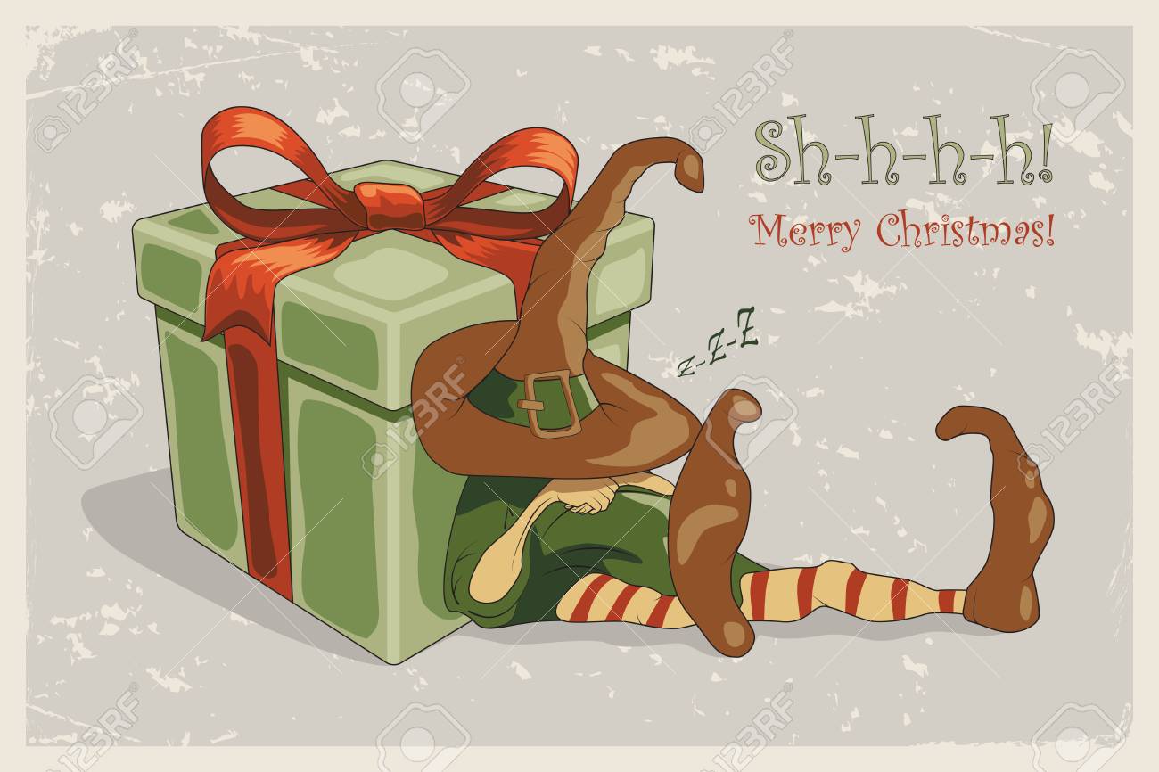 retro christmas illustration with sleeping elf and huge gift
