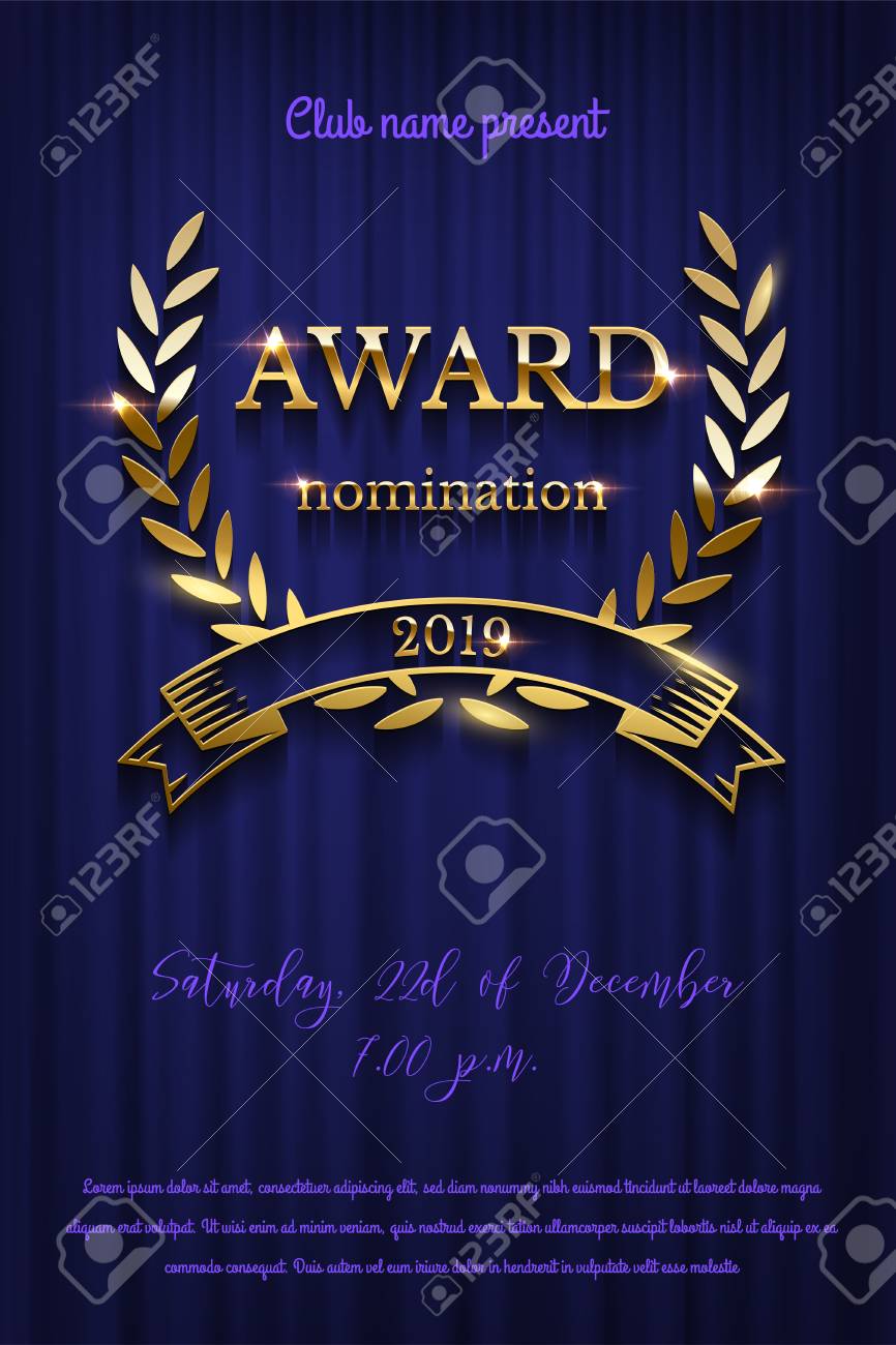 golden award sign with laurel wreath and ribbon isolated on blue award invitation template
