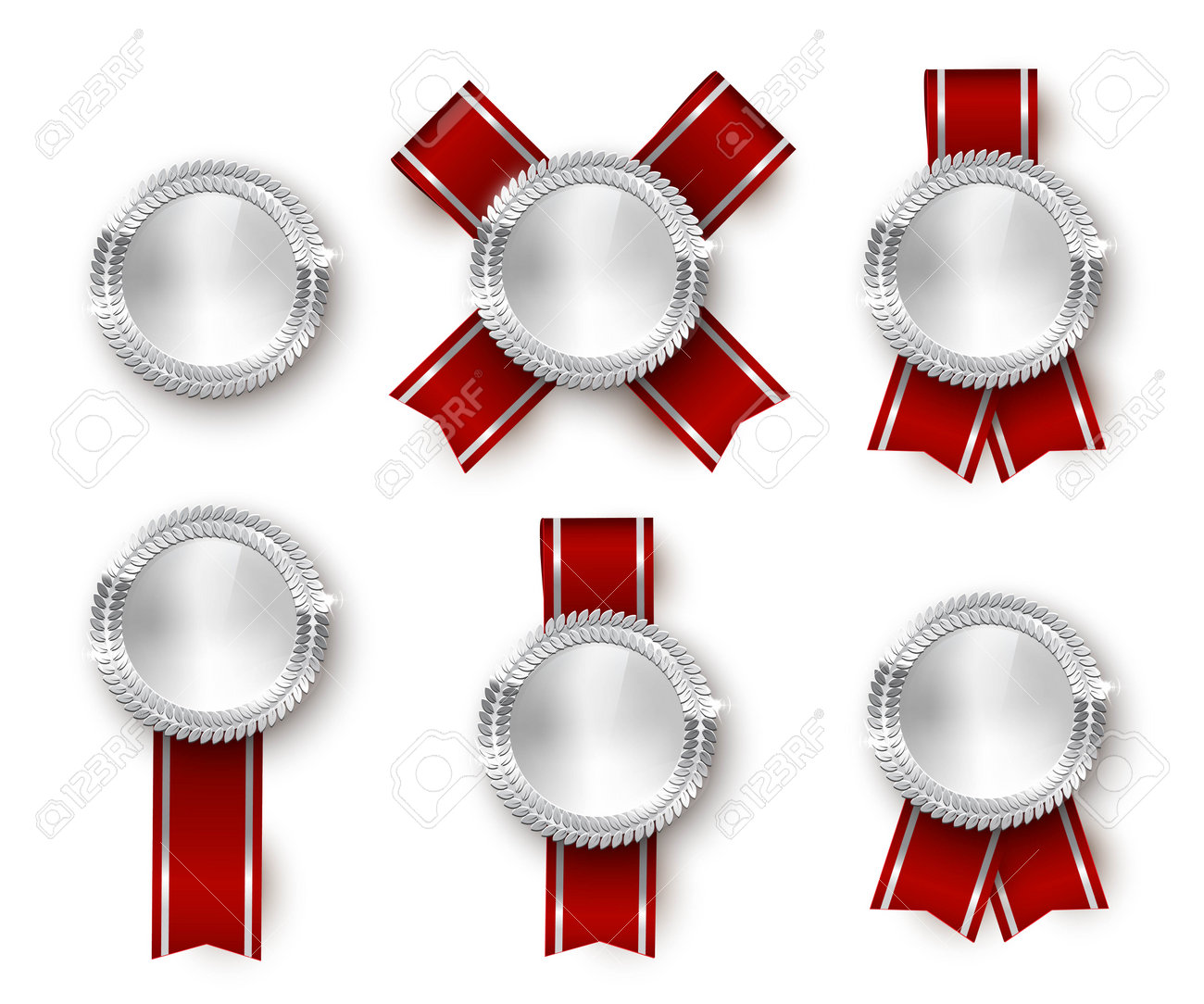 Award medal 3d realistic vector color illustration set. Reward, silver medals with red ribbons. Certified product. Quality badges, emblems with red ribbon. Winner trophy. Isolated design element set. - 164671086 Award medal 3d realistic vector color illustration set. Reward, silver medals with red ribbons. Certified product. Quality badges, emblems with red ribbon. Winner trophy. Isolated design element set. - 164671086
