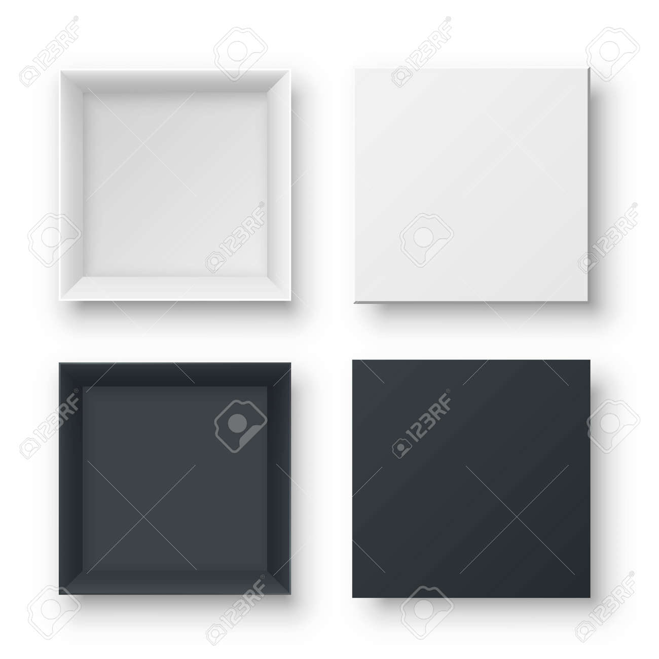 Realistic open empty gift boxes two view. Paper square cardboard white and black container mockups. Blank package models for wrapped product, present, surprise delivery. Objects isolated on white. - 163397484 Realistic open empty gift boxes two view. Paper square cardboard white and black container mockups. Blank package models for wrapped product, present, surprise delivery. Objects isolated on white. - 163397484