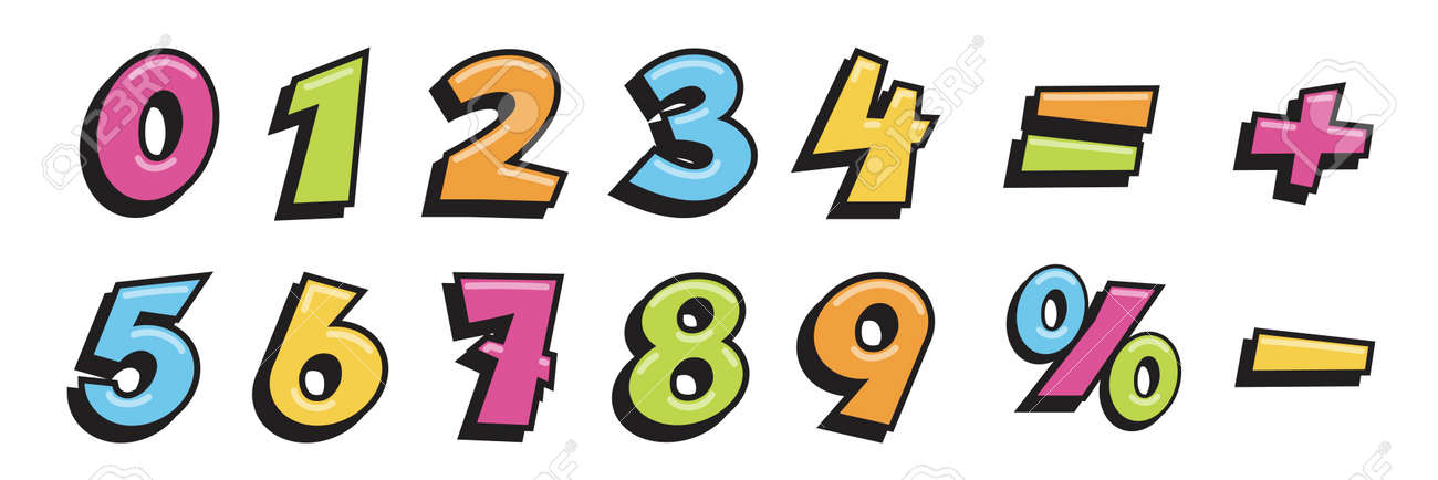 Math numbers and symbols set. Cute school mathematics elements for children vector illustration. Colorful numerical signs, minus, plus, equal, percentage on white background - 163400230 Math numbers and symbols set. Cute school mathematics elements for children vector illustration. Colorful numerical signs, minus, plus, equal, percentage on white background - 163400230