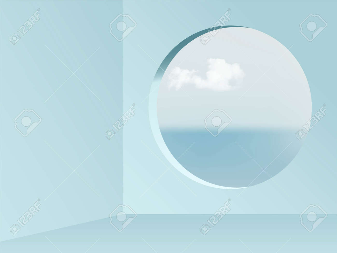 Round window view from blue empty room abstract background. View on blue sky, sea and clouds vector illustration. Abstarct minimal interior design of walls, floor and circular window - 163400604 Round window view from blue empty room abstract background. View on blue sky, sea and clouds vector illustration. Abstarct minimal interior design of walls, floor and circular window - 163400604