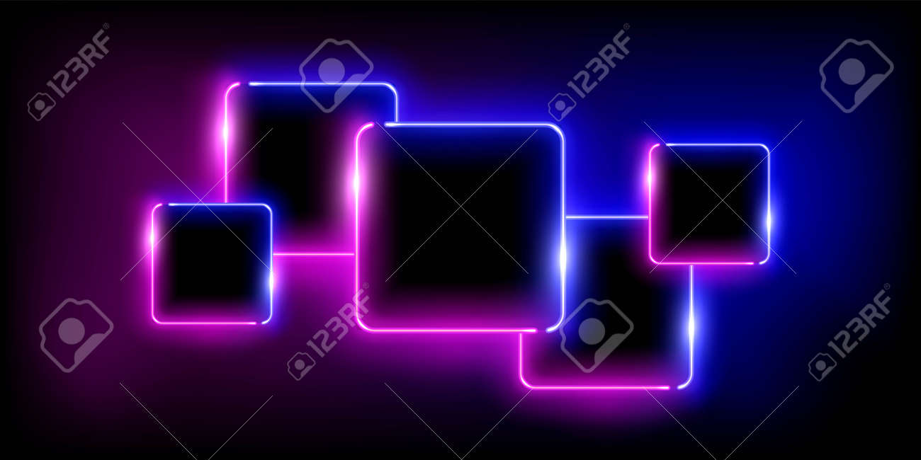 Glowing neon pink and blue squares set abstract background. Lines with electric light frames. Geometric fashion design vector illustration. Empty minimal shapes decoration on black with fog - 163401422 Glowing neon pink and blue squares set abstract background. Lines with electric light frames. Geometric fashion design vector illustration. Empty minimal shapes decoration on black with fog - 163401422