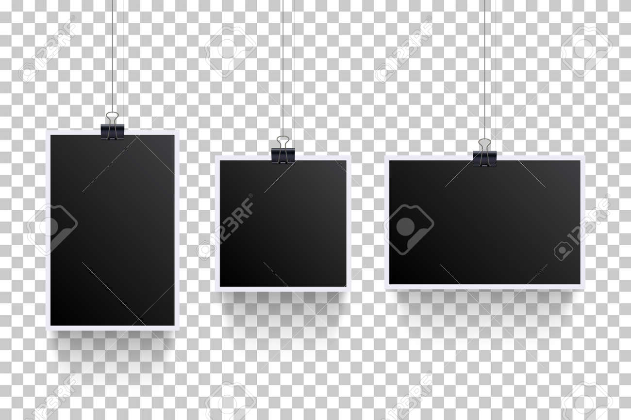 Blank photoframes hanging with pins on cords set. Realistic retro art collection vector illustration. Black photo template with white frames on threads on transparent background - 163383122 Blank photoframes hanging with pins on cords set. Realistic retro art collection vector illustration. Black photo template with white frames on threads on transparent background - 163383122