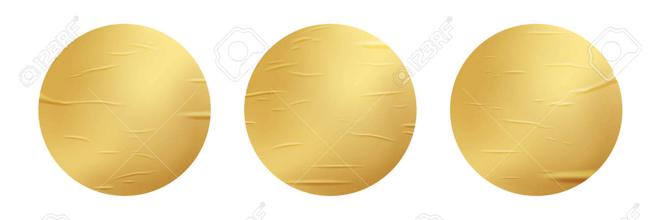 Gold glued round stickers set. 3d circular shaped blank paper labels vector illustration. Wrinkled crumpled bad badges with shining peel effect isolated on white background - 163505813 Gold glued round stickers set. 3d circular shaped blank paper labels vector illustration. Wrinkled crumpled bad badges with shining peel effect isolated on white background - 163505813
