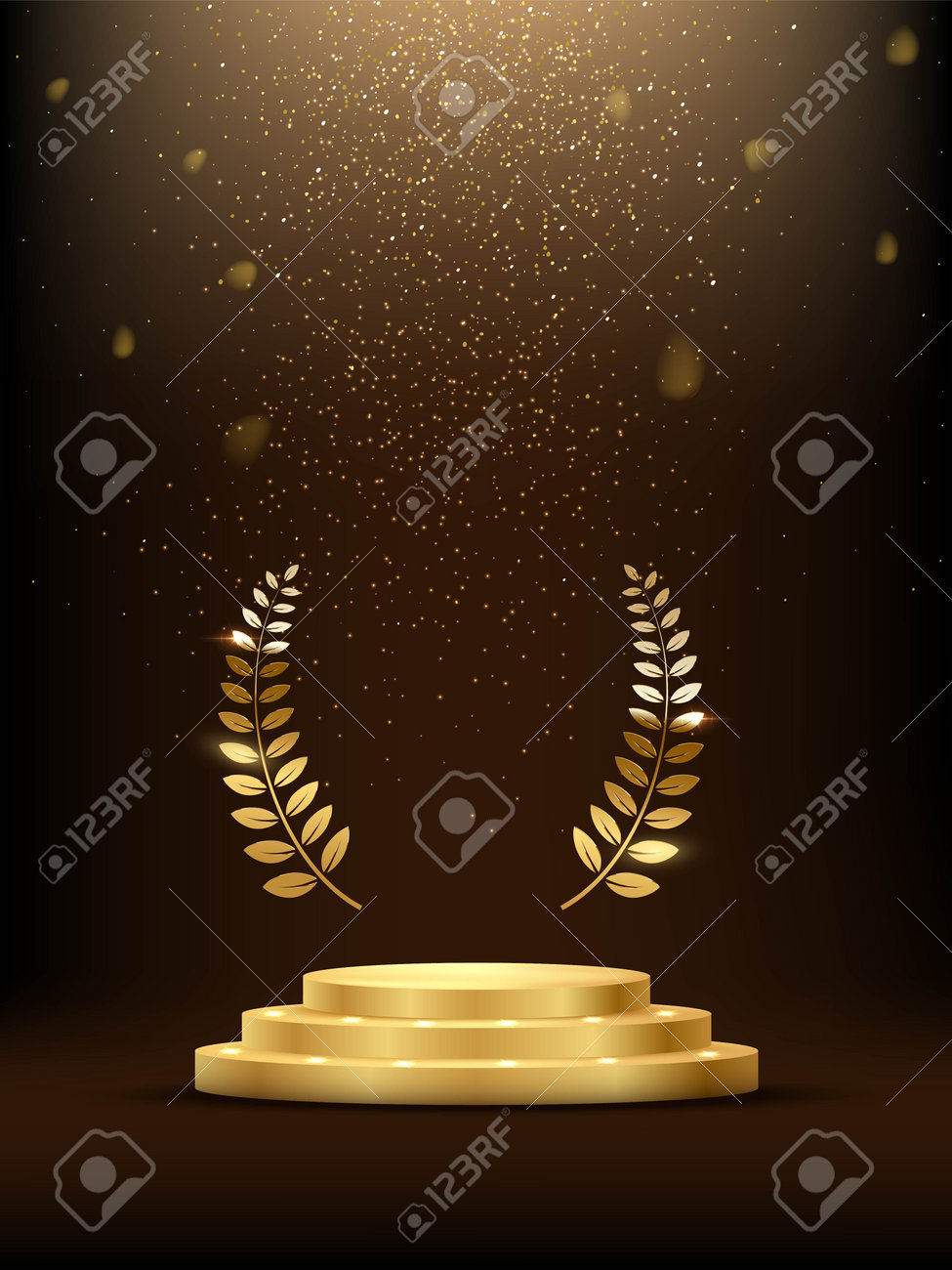 Golden three step podium with laurel wreath under falling gold glitter isolated on dark background. Vector illustration. - 163877687 Golden three step podium with laurel wreath under falling gold glitter isolated on dark background. Vector illustration. - 163877687