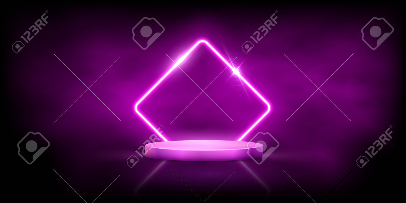 Glowing neon pink rhombus with sparkles in fog on round podium. Abstract electric light frame on black background. Geometric fashion design vector illustration. Empty minimal art decoration - 163877518 Glowing neon pink rhombus with sparkles in fog on round podium. Abstract electric light frame on black background. Geometric fashion design vector illustration. Empty minimal art decoration - 163877518