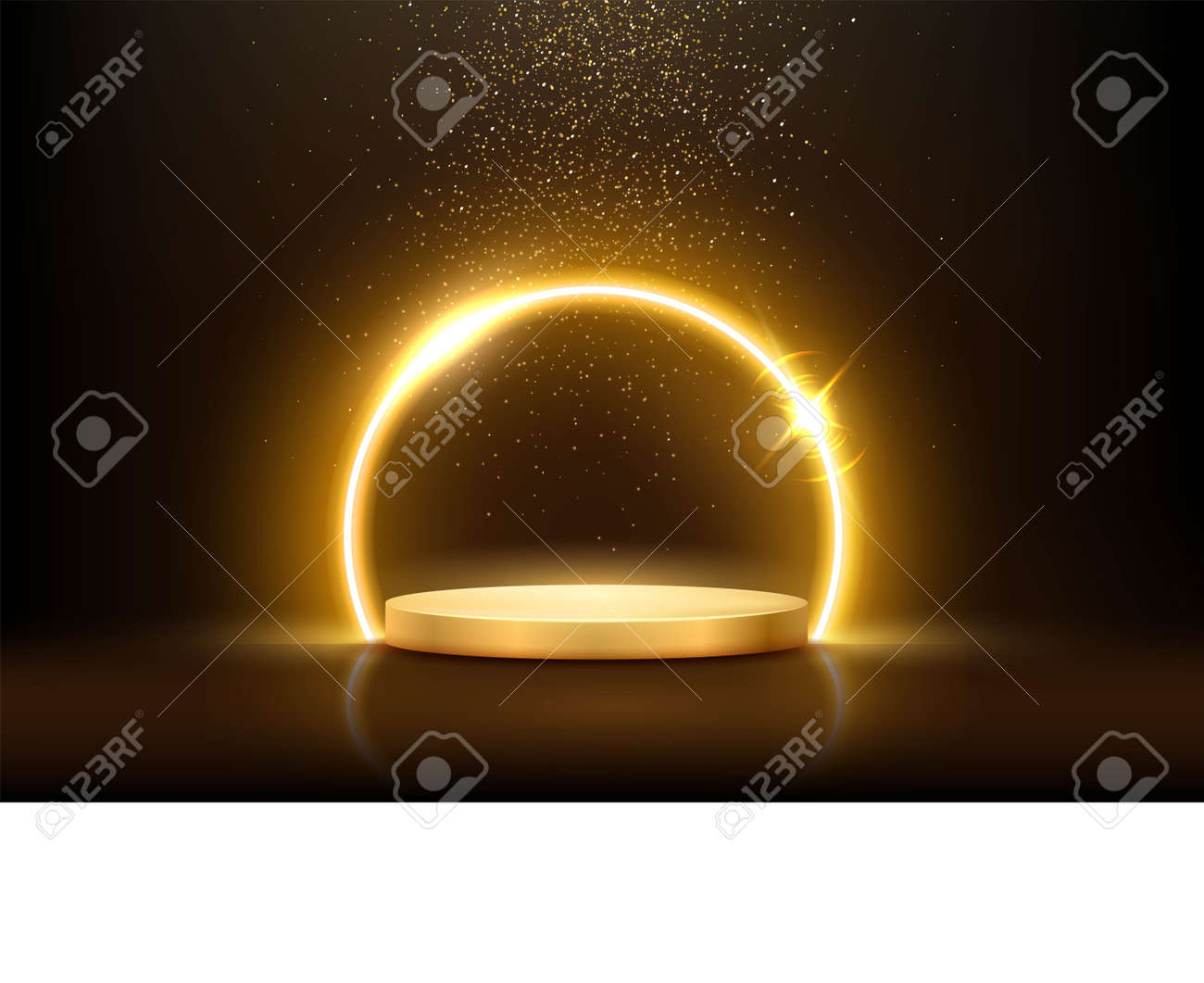 Glowing neon golden circle with sparkles in fog on gold podium. Abstract round electric light frame on dark background. Geometric fashion design vector illustration. Empty minimal ring art decoration - 163961700 Glowing neon golden circle with sparkles in fog on gold podium. Abstract round electric light frame on dark background. Geometric fashion design vector illustration. Empty minimal ring art decoration - 163961700