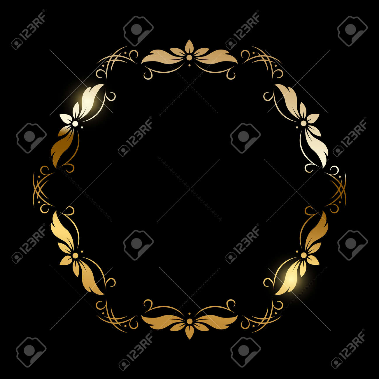 Gold flower pattern circle frame on black background. Round floral decorative golden ornament border vector illustration. Simple vintage card for wedding celebration invitation - 166646568 Gold flower pattern circle frame on black background. Round floral decorative golden ornament border vector illustration. Simple vintage card for wedding celebration invitation - 166646568