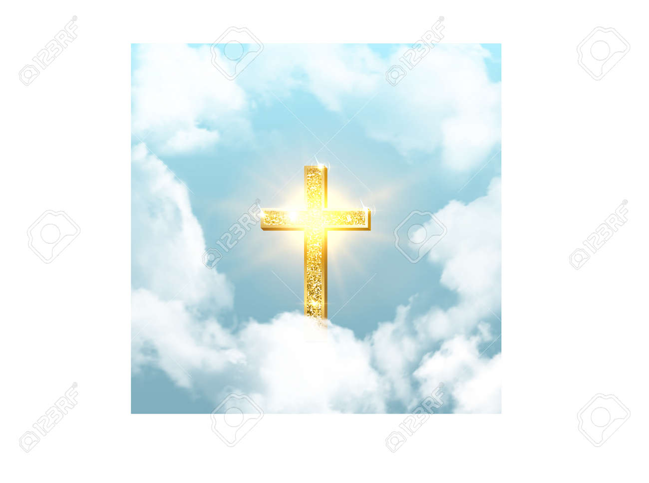 Church cross risen in heaven on Easter background. Christian golden crucifix symbol in sky with clouds and sunbeams vector illustration. Sun shining, religious holiday celebration - 166808749 Church cross risen in heaven on Easter background. Christian golden crucifix symbol in sky with clouds and sunbeams vector illustration. Sun shining, religious holiday celebration - 166808749