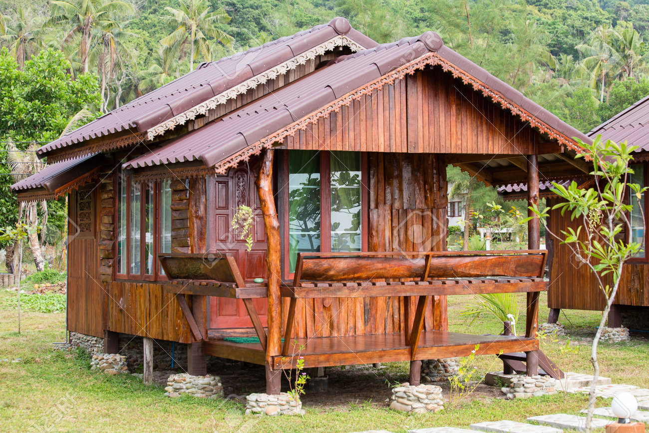 Tropical Wooden Beach House Near Sea In Thailand Stock Photo