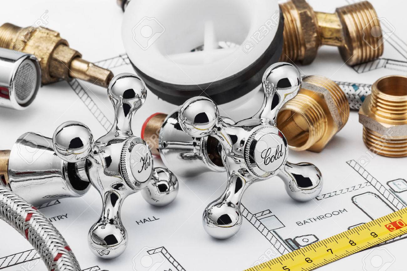 plumbing and tools lying on drawing for repair - 33215129 plumbing and tools lying on drawing for repair - 33215129