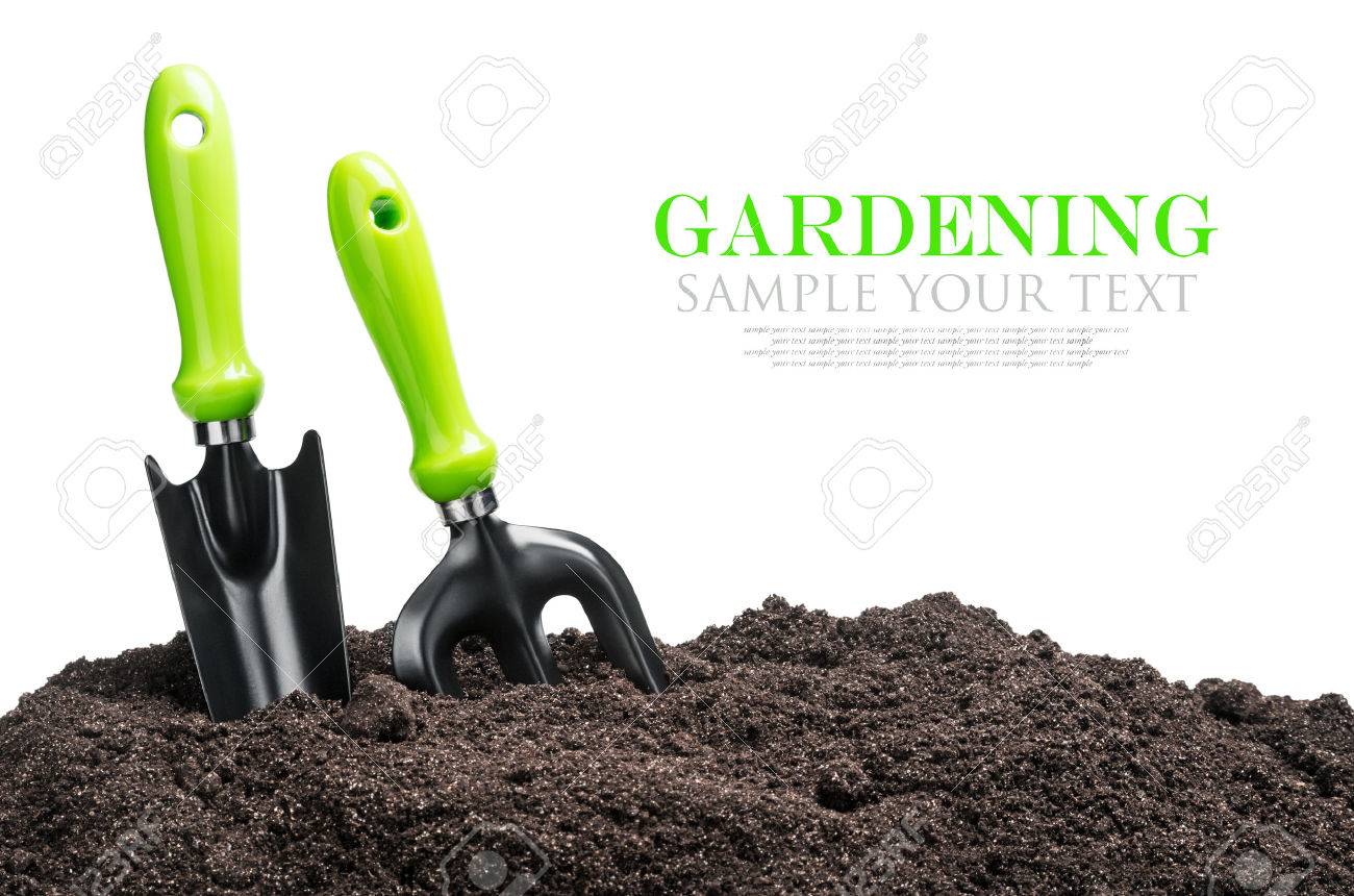 garden tools in soil isolated on white background. The text is an example and can be easily removed - 37297871 garden tools in soil isolated on white background. The text is an example and can be easily removed - 37297871
