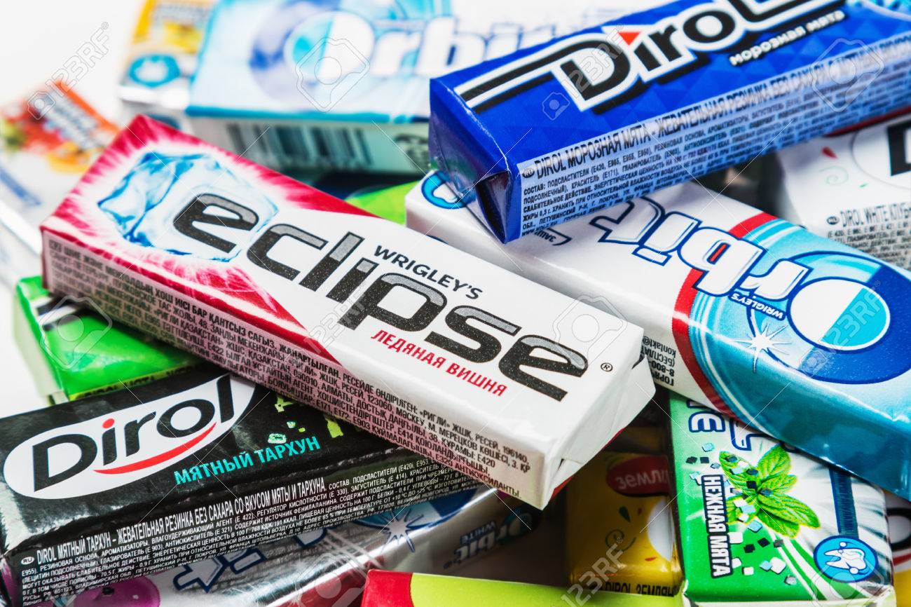 moscow russia may 24 2016 various brand chewing gum chewing chewing gum brands