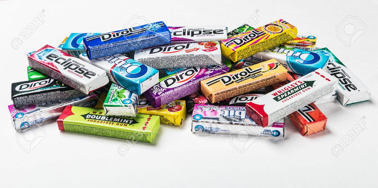 moscow russia may 24 2016 various brand chewing gum chewing chewing gum brands
