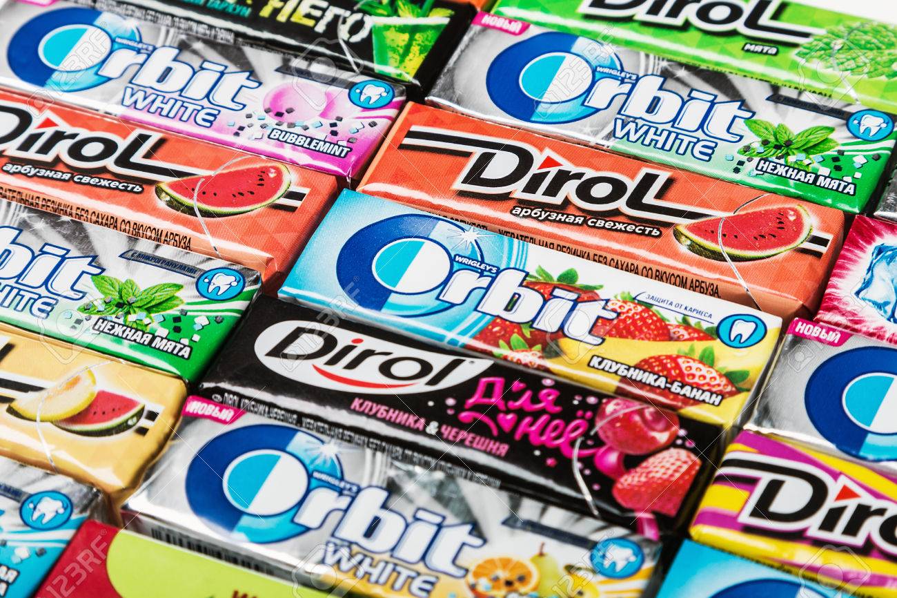 moscow russia may 24 2016 various brand chewing gum chewing chewing gum brands